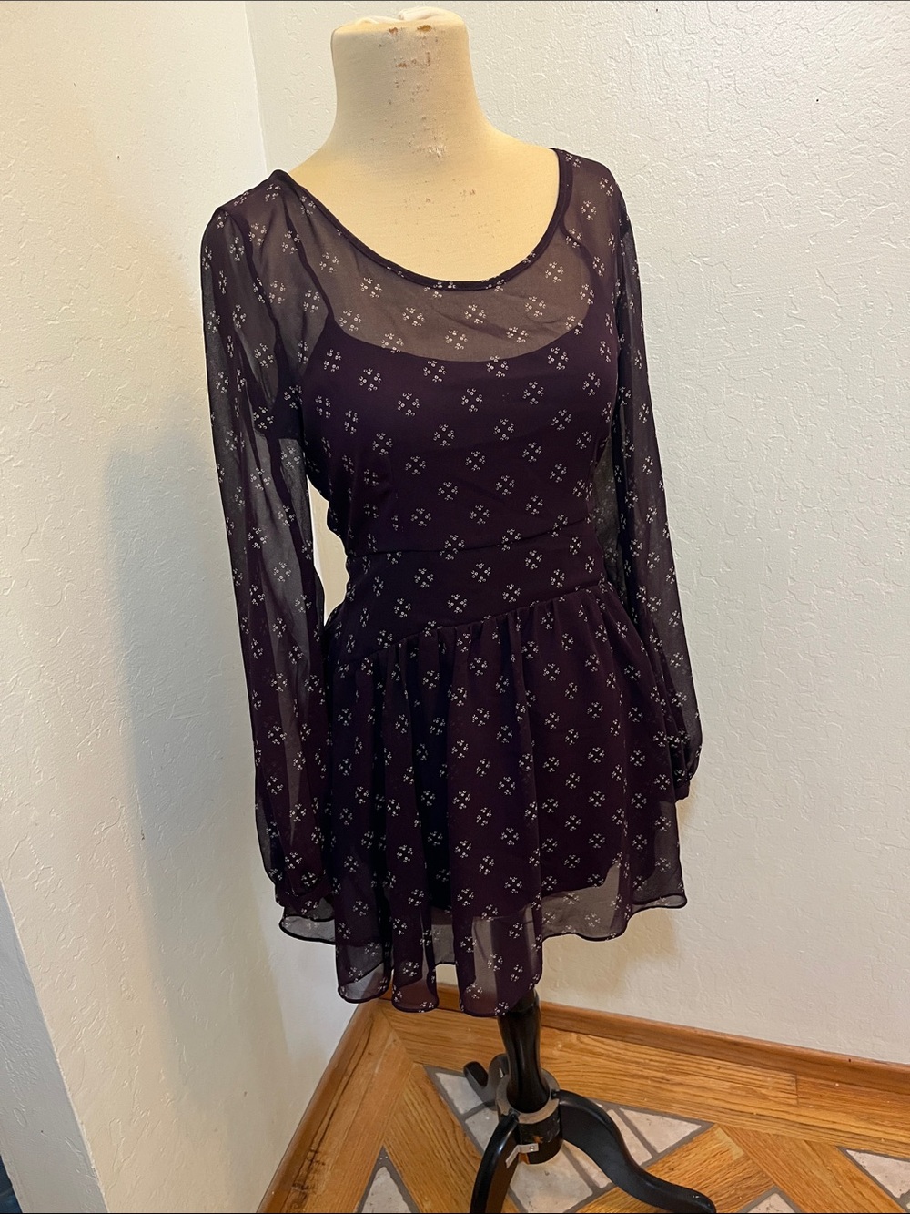 Free People Dark Plum Long-Sleeve Sheer Floral Skater Dress
